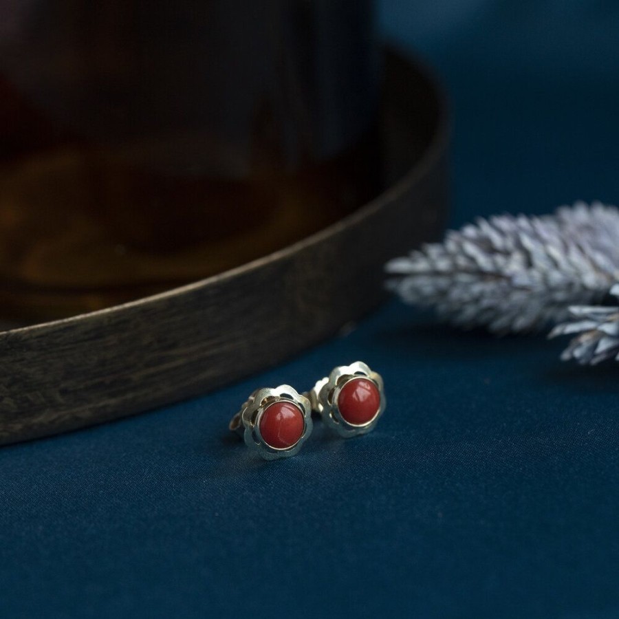 Jewelry vintage Earrings With Gemstone | Gold Ear Studs With Red Coral 14 Krt