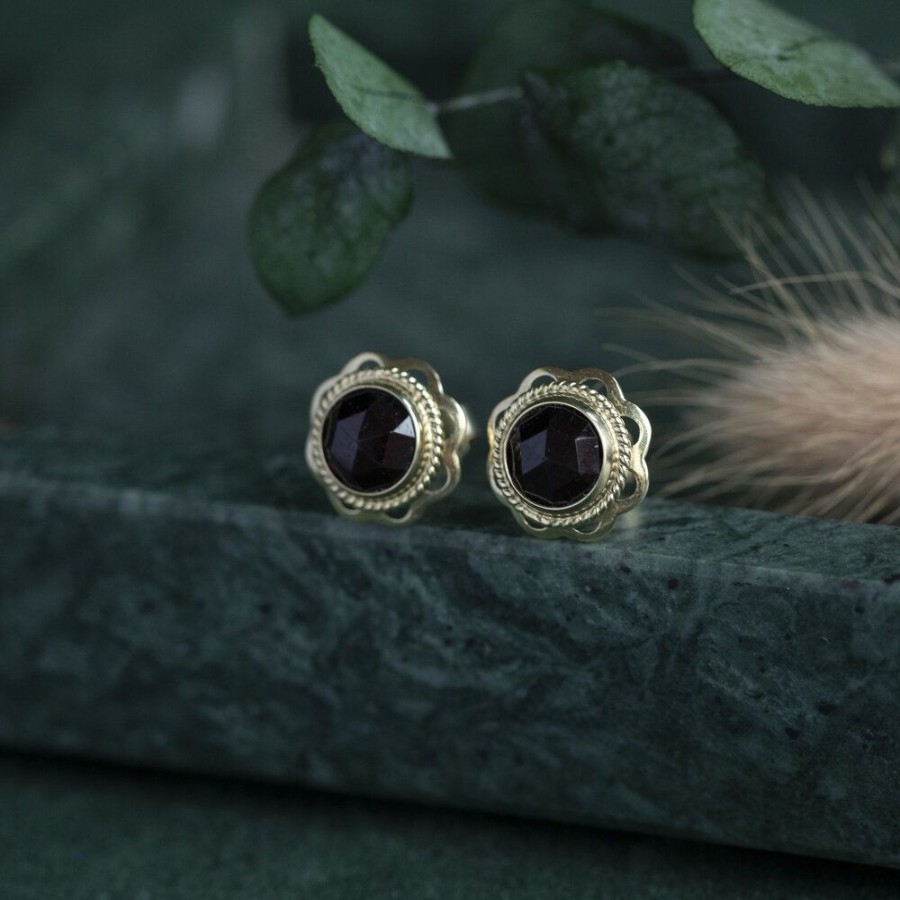 Jewelry vintage Earrings With Gemstone | Gold Ear Studs With Garnet 14 Krt