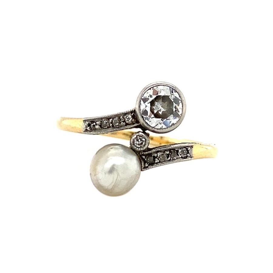 Jewelry vintage Rings With Gemstone | Bicolour Gouden Ring Met Diamant En Parel 18 Krt