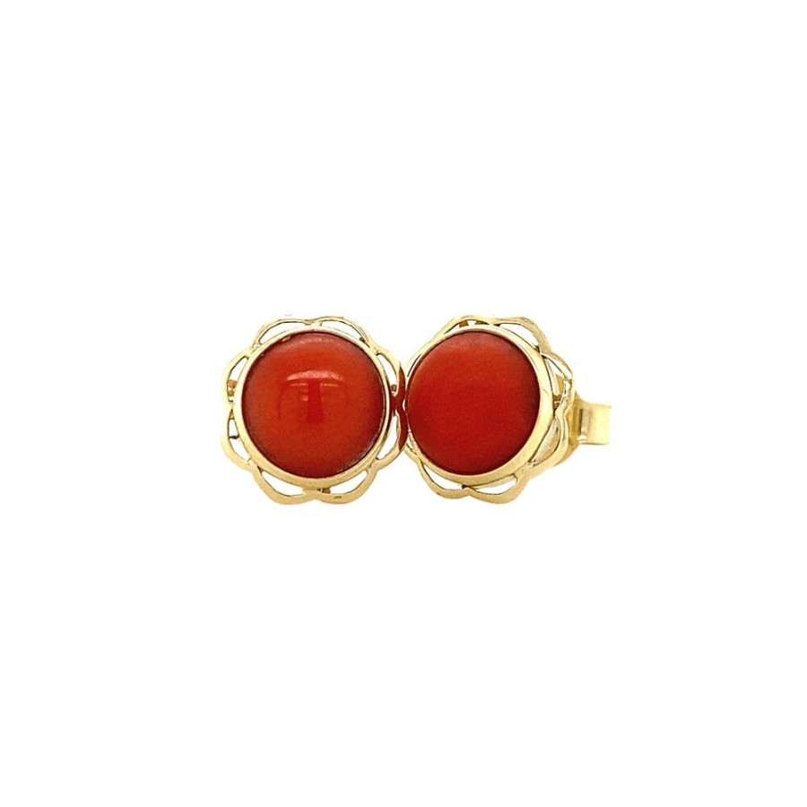 Jewelry vintage Earrings With Gemstone | Gold Ear Studs With Blood Coral 14 Krt