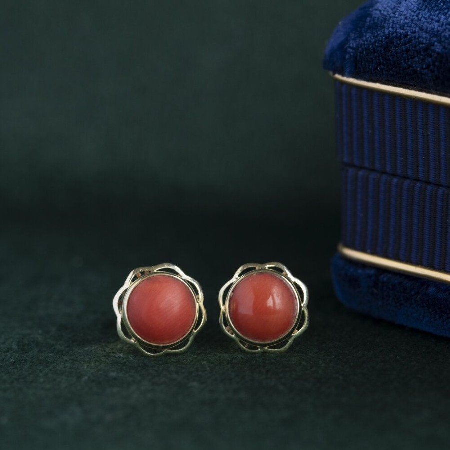 Jewelry vintage Earrings With Gemstone | Gold Ear Studs With Blood Coral 14 Krt