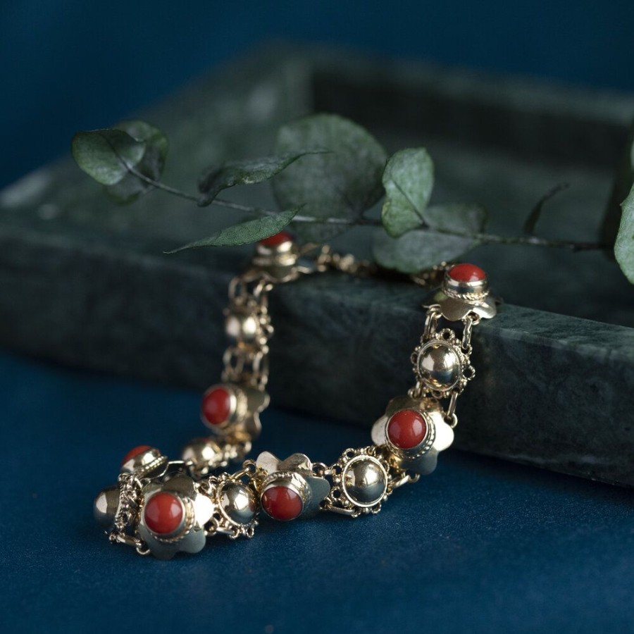 Jewelry vintage Bracelets With Gemstone | Gold Bracelet With Blood Coral 20 Cm 14 Krt