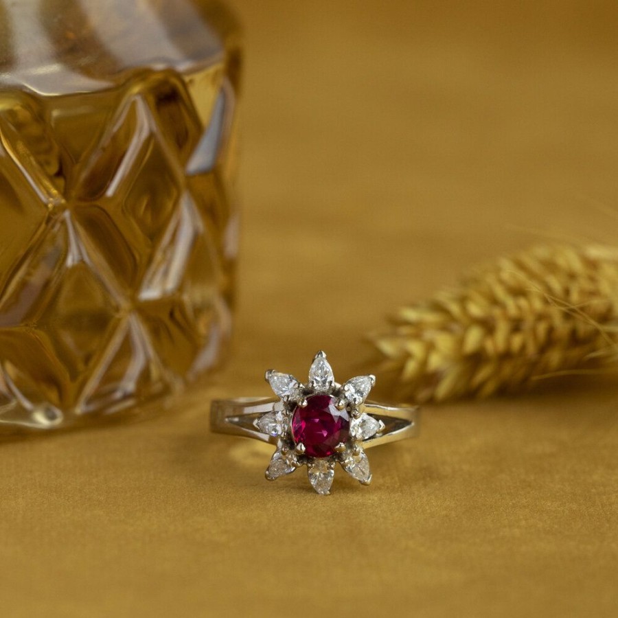 Jewelry vintage Rings With Gemstone | White Gold Entourage Ring With Ruby And Diamonds 18 Krt