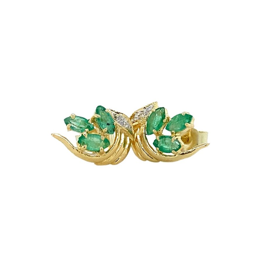 Jewelry vintage Earrings With Gemstone | Bicolour Gold Ear Studs With Emerald And Zirconia 14 Crt.