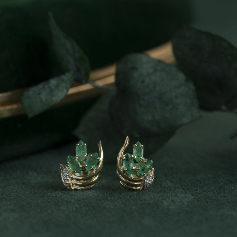 Jewelry vintage Earrings With Gemstone | Bicolour Gold Ear Studs With Emerald And Zirconia 14 Crt.