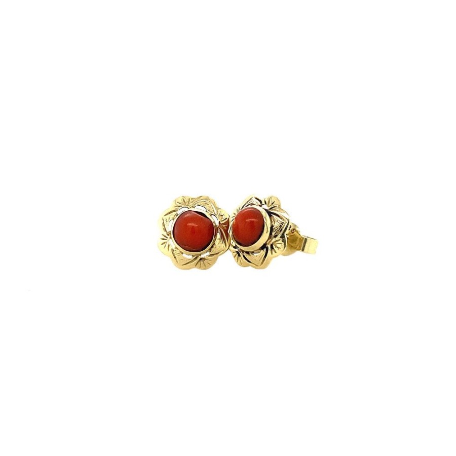 Jewelry vintage Earrings With Gemstone | Gouden Oorstekers Met Bloedkoraal 14 Krt