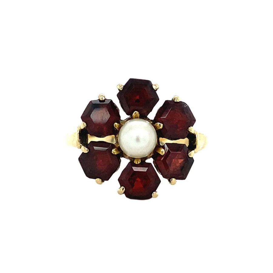 Jewelry vintage Rings With Gemstone | Gold Entourage Ring With Pearl And Garnet 14 Crt