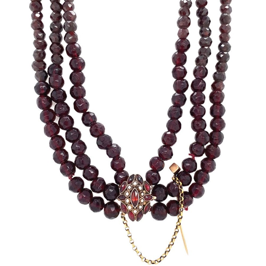 Jewelry vintage Necklaces With Gemstone | Garnet Necklace With Gold Lace Clasp 50 Cm 14 Krt