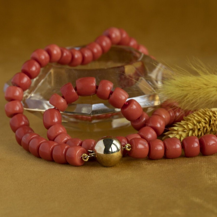 Jewelry vintage Necklaces With Gemstone | Blood Coral Necklace With Gold Ball Clasp 52 Cm 14 Krt