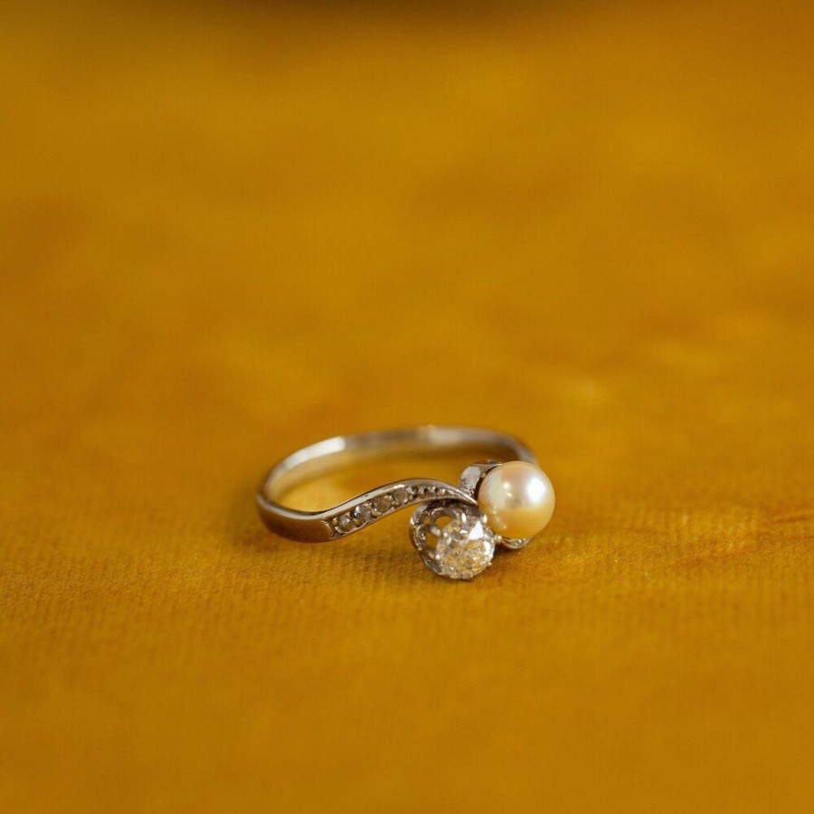 Jewelry vintage Rings With Gemstone | White Gold Ring With Diamond And Pearl 14 Krt