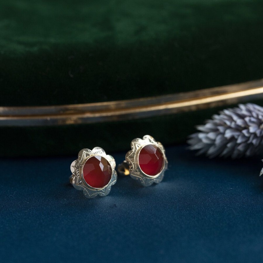 Jewelry vintage Earrings With Gemstone | Gold Ear Studs With Carnelian 14 Krt