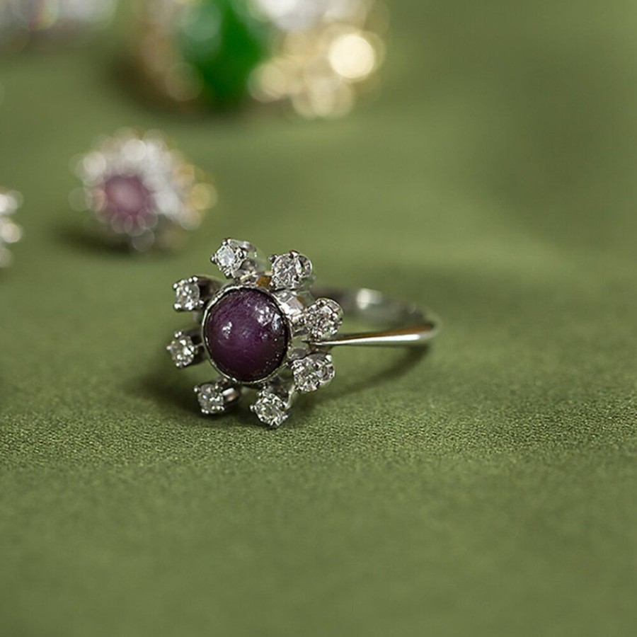 Jewelry vintage Rings With Gemstone | White Gold Entourage Ring With Star Ruby And Diamond 14 Krt