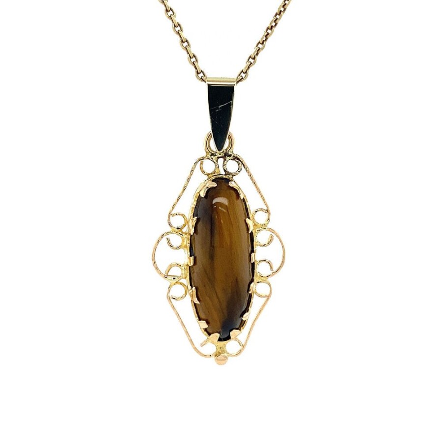 Jewelry vintage Pendant With Gemstone | Gold Pendant With Tiger'S Eye 14 Crt